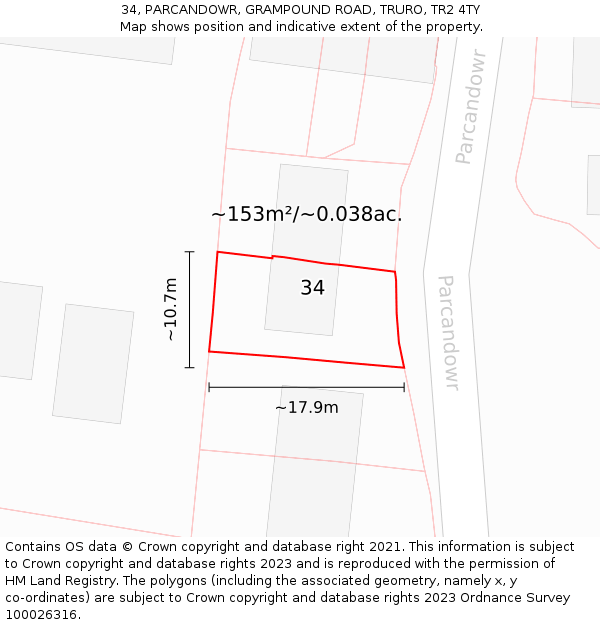 34, PARCANDOWR, GRAMPOUND ROAD, TRURO, TR2 4TY: Plot and title map