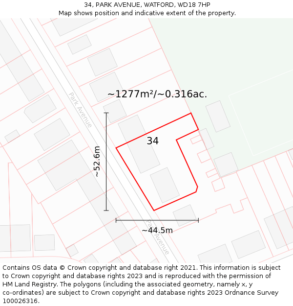 34, PARK AVENUE, WATFORD, WD18 7HP: Plot and title map