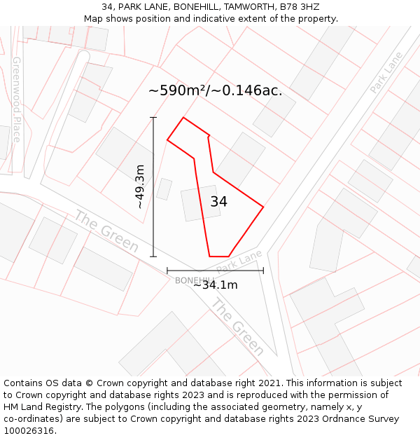 34, PARK LANE, BONEHILL, TAMWORTH, B78 3HZ: Plot and title map