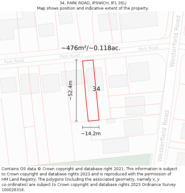 34, PARK ROAD, IPSWICH, IP1 3SU: Plot and title map