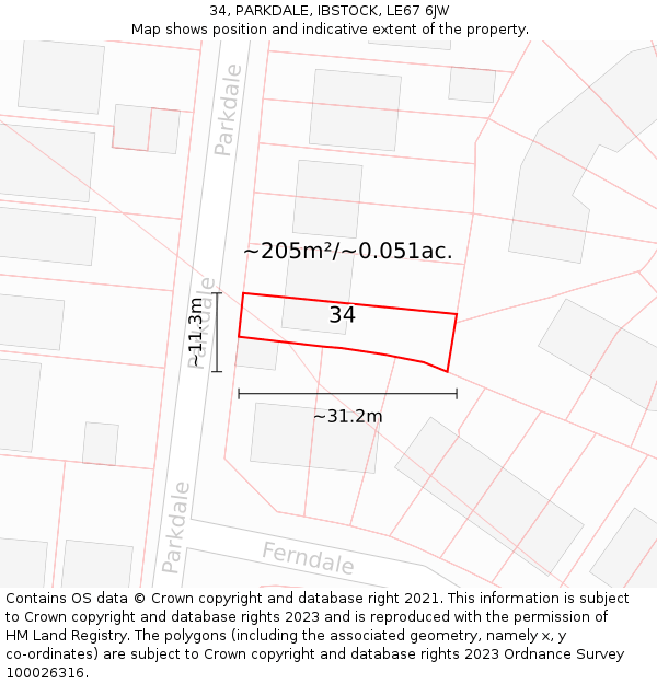 34, PARKDALE, IBSTOCK, LE67 6JW: Plot and title map