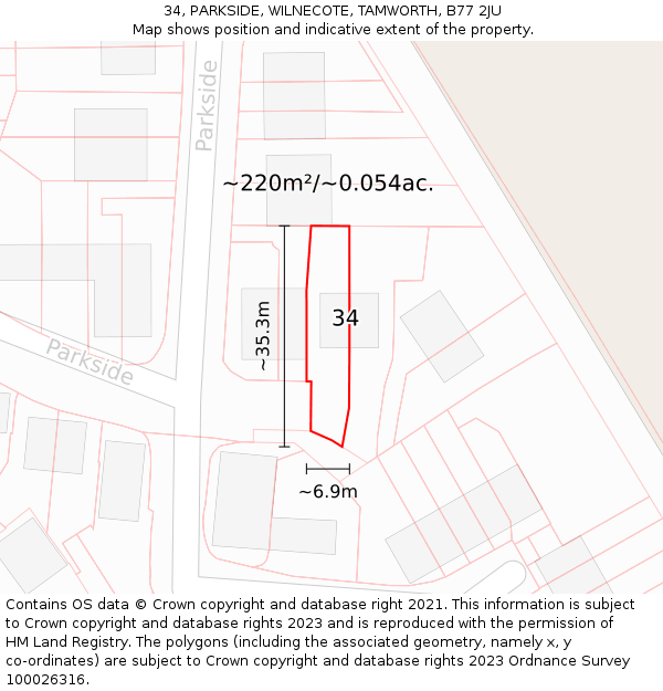 34, PARKSIDE, WILNECOTE, TAMWORTH, B77 2JU: Plot and title map