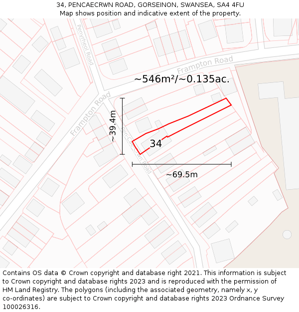 34, PENCAECRWN ROAD, GORSEINON, SWANSEA, SA4 4FU: Plot and title map