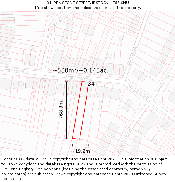 34, PENISTONE STREET, IBSTOCK, LE67 6NU: Plot and title map