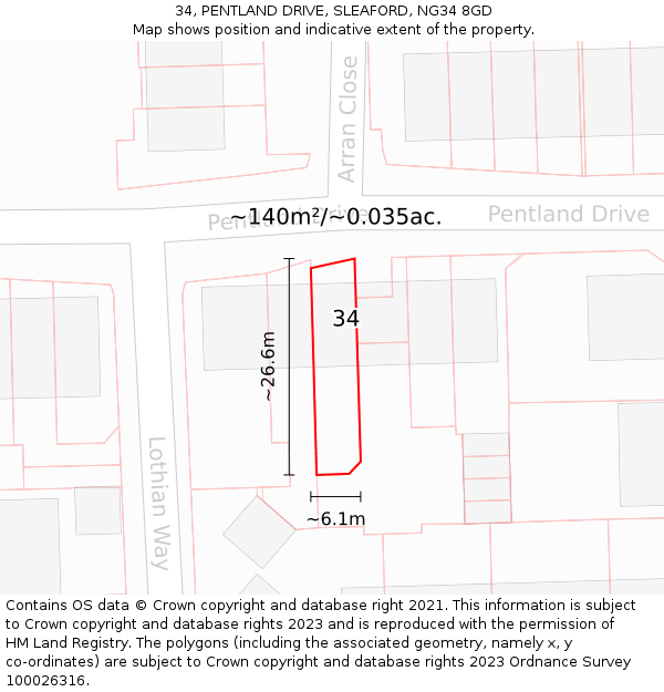 34, PENTLAND DRIVE, SLEAFORD, NG34 8GD: Plot and title map