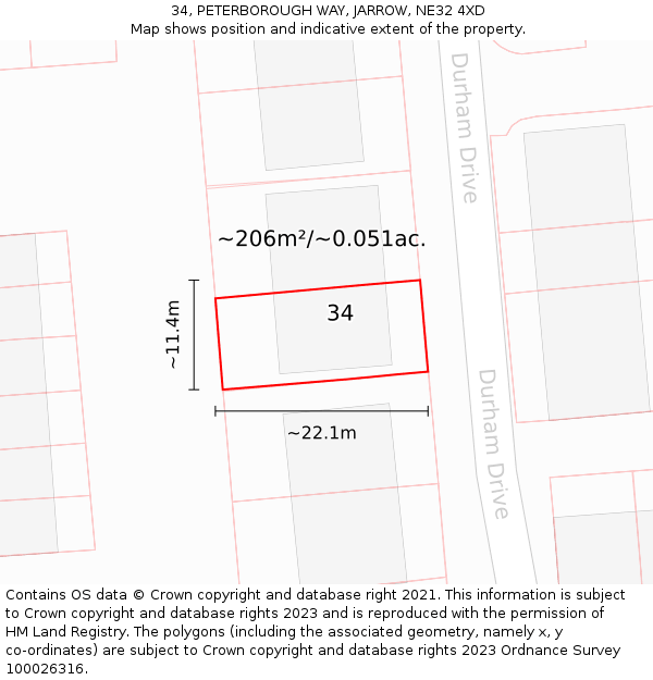 34, PETERBOROUGH WAY, JARROW, NE32 4XD: Plot and title map