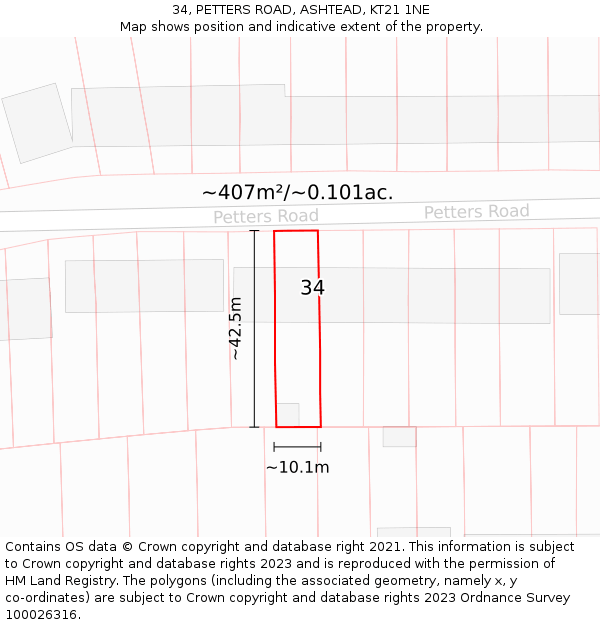 34, PETTERS ROAD, ASHTEAD, KT21 1NE: Plot and title map