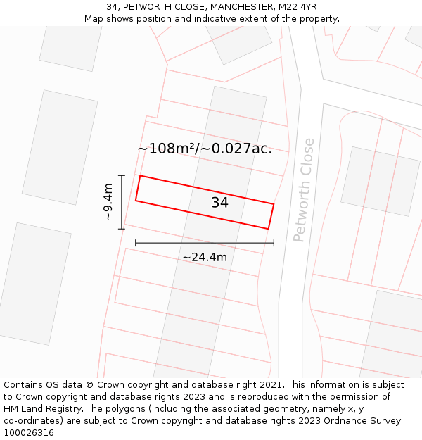 34, PETWORTH CLOSE, MANCHESTER, M22 4YR: Plot and title map