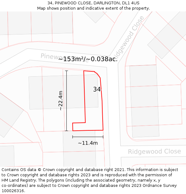 34, PINEWOOD CLOSE, DARLINGTON, DL1 4US: Plot and title map