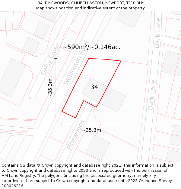 34, PINEWOODS, CHURCH ASTON, NEWPORT, TF10 9LN: Plot and title map