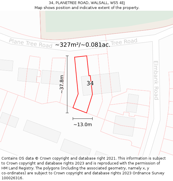 34, PLANETREE ROAD, WALSALL, WS5 4EJ: Plot and title map