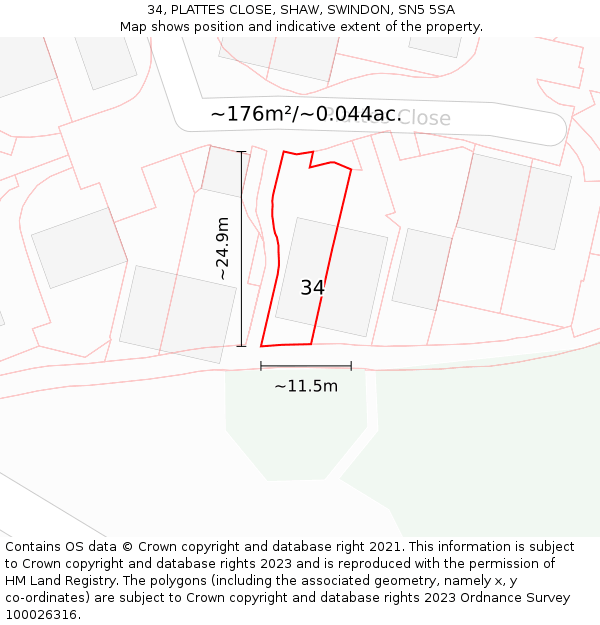 34, PLATTES CLOSE, SHAW, SWINDON, SN5 5SA: Plot and title map