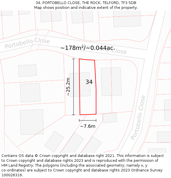 34, PORTOBELLO CLOSE, THE ROCK, TELFORD, TF3 5DB: Plot and title map