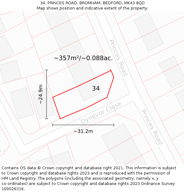 34, PRINCES ROAD, BROMHAM, BEDFORD, MK43 8QD: Plot and title map