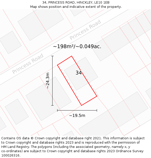 34, PRINCESS ROAD, HINCKLEY, LE10 1EB: Plot and title map