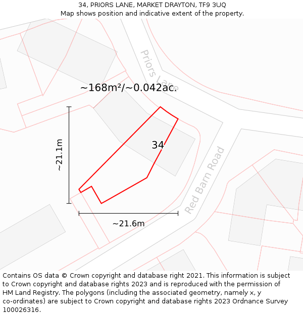 34, PRIORS LANE, MARKET DRAYTON, TF9 3UQ: Plot and title map