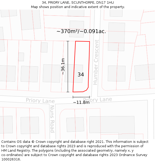 34, PRIORY LANE, SCUNTHORPE, DN17 1HU: Plot and title map