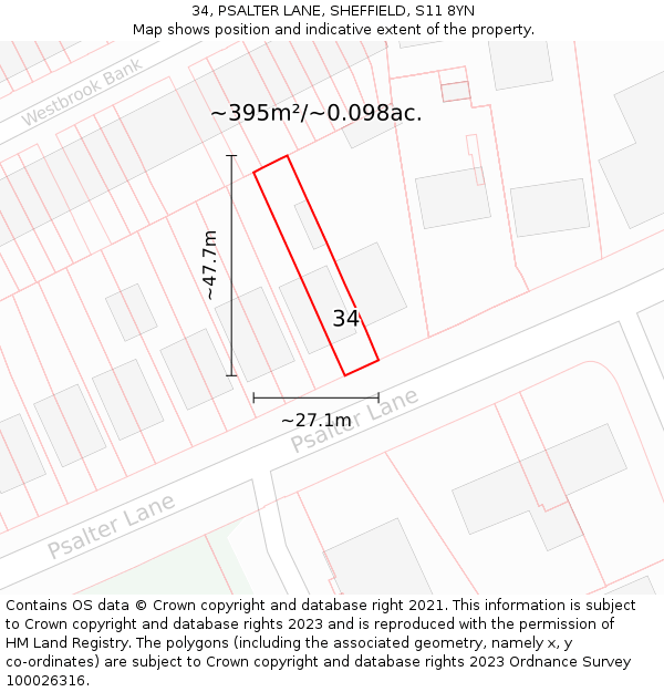 34, PSALTER LANE, SHEFFIELD, S11 8YN: Plot and title map