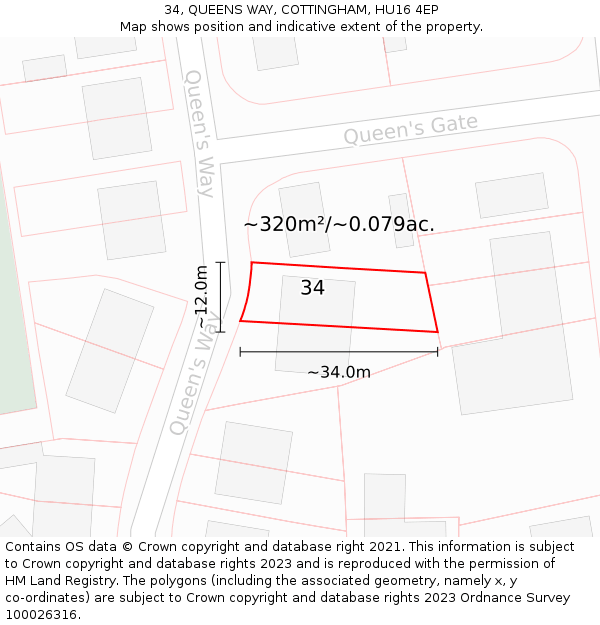 34, QUEENS WAY, COTTINGHAM, HU16 4EP: Plot and title map