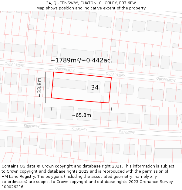 34, QUEENSWAY, EUXTON, CHORLEY, PR7 6PW: Plot and title map