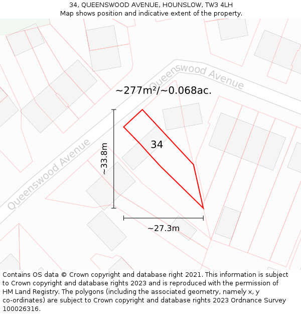 34, QUEENSWOOD AVENUE, HOUNSLOW, TW3 4LH: Plot and title map