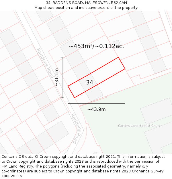 34, RADDENS ROAD, HALESOWEN, B62 0AN: Plot and title map