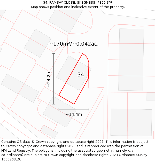 34, RAMSAY CLOSE, SKEGNESS, PE25 3PF: Plot and title map