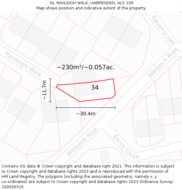 34, RANLEIGH WALK, HARPENDEN, AL5 1SR: Plot and title map