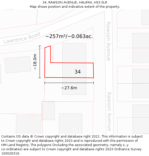 34, RAWSON AVENUE, HALIFAX, HX3 0LR: Plot and title map