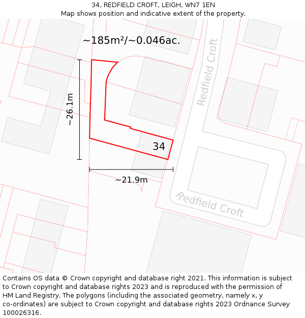 34, REDFIELD CROFT, LEIGH, WN7 1EN: Plot and title map