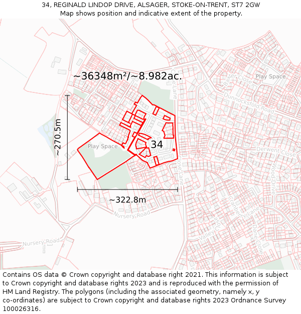 34, REGINALD LINDOP DRIVE, ALSAGER, STOKE-ON-TRENT, ST7 2GW: Plot and title map