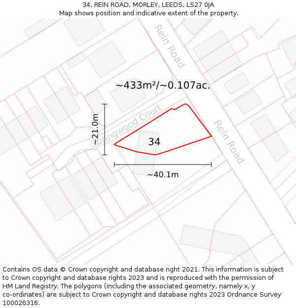 34, REIN ROAD, MORLEY, LEEDS, LS27 0JA: Plot and title map