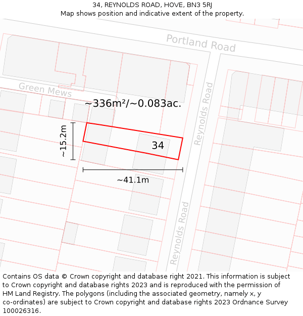 34, REYNOLDS ROAD, HOVE, BN3 5RJ: Plot and title map