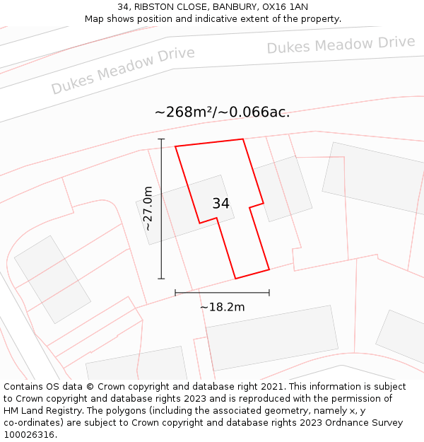 34, RIBSTON CLOSE, BANBURY, OX16 1AN: Plot and title map