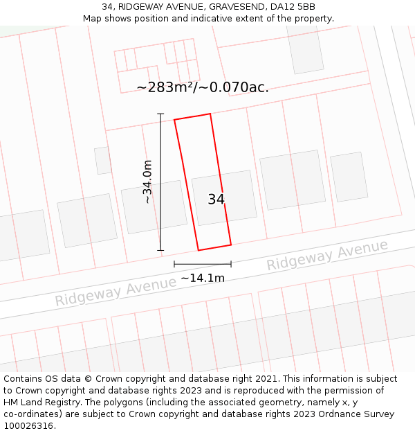 34, RIDGEWAY AVENUE, GRAVESEND, DA12 5BB: Plot and title map