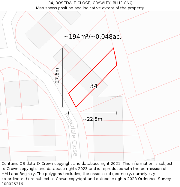 34, ROSEDALE CLOSE, CRAWLEY, RH11 8NQ: Plot and title map