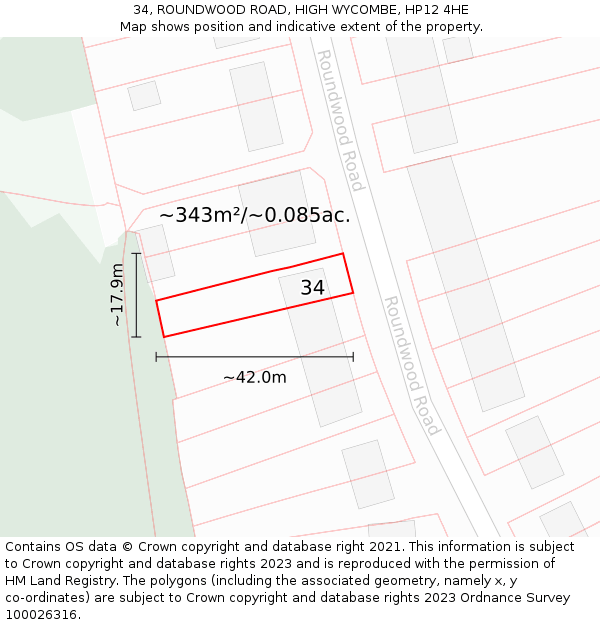 34, ROUNDWOOD ROAD, HIGH WYCOMBE, HP12 4HE: Plot and title map