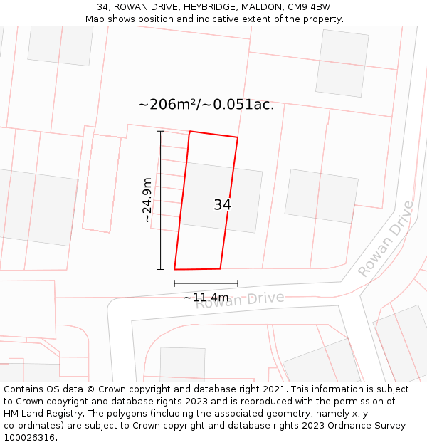 34, ROWAN DRIVE, HEYBRIDGE, MALDON, CM9 4BW: Plot and title map