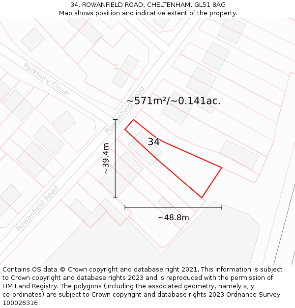 34, ROWANFIELD ROAD, CHELTENHAM, GL51 8AG: Plot and title map