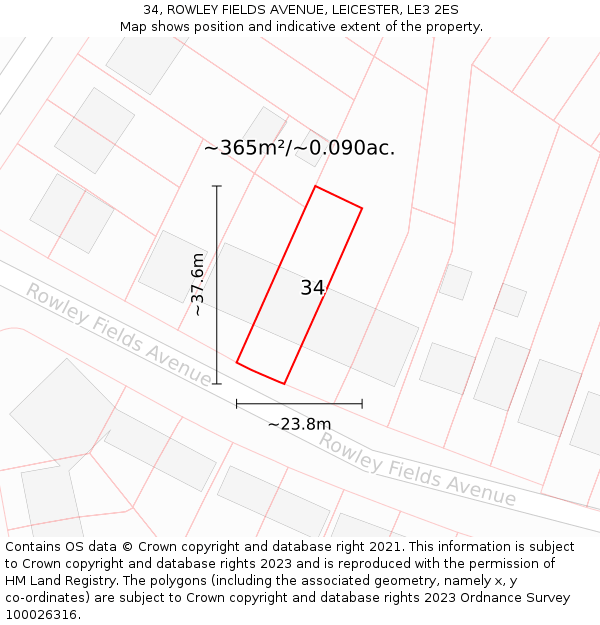 34, ROWLEY FIELDS AVENUE, LEICESTER, LE3 2ES: Plot and title map