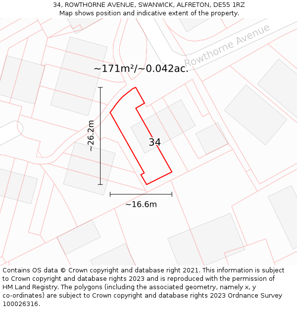 34, ROWTHORNE AVENUE, SWANWICK, ALFRETON, DE55 1RZ: Plot and title map