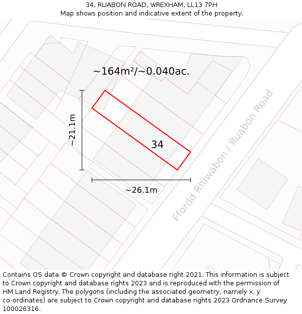 34, RUABON ROAD, WREXHAM, LL13 7PH: Plot and title map