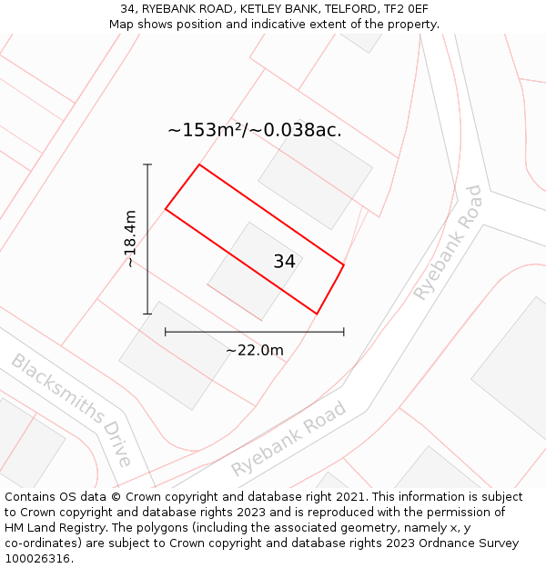 34, RYEBANK ROAD, KETLEY BANK, TELFORD, TF2 0EF: Plot and title map