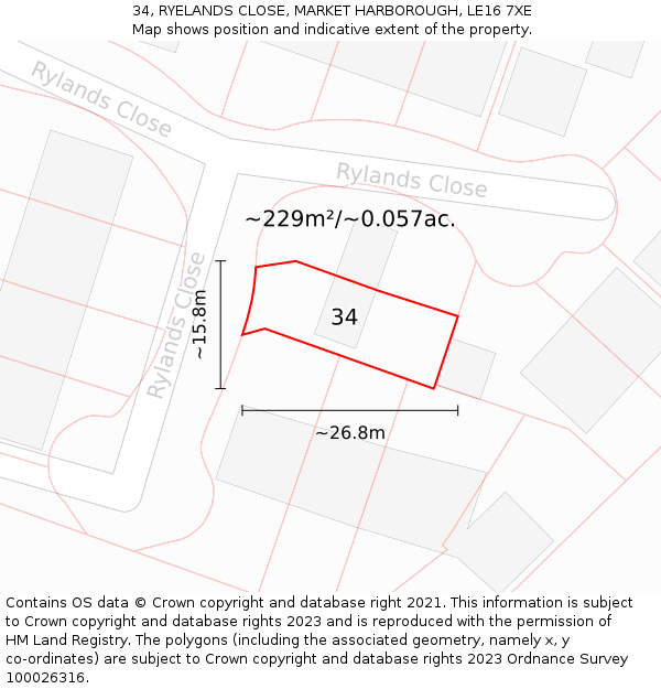 34, RYELANDS CLOSE, MARKET HARBOROUGH, LE16 7XE: Plot and title map