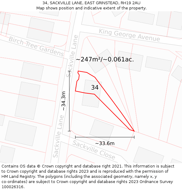 34, SACKVILLE LANE, EAST GRINSTEAD, RH19 2AU: Plot and title map