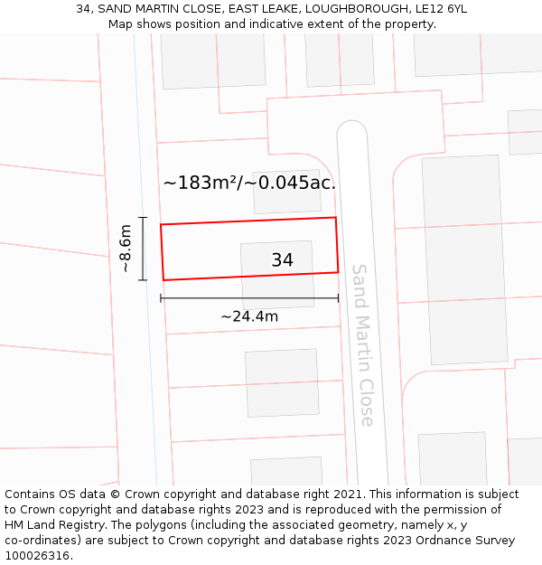 34, SAND MARTIN CLOSE, EAST LEAKE, LOUGHBOROUGH, LE12 6YL: Plot and title map