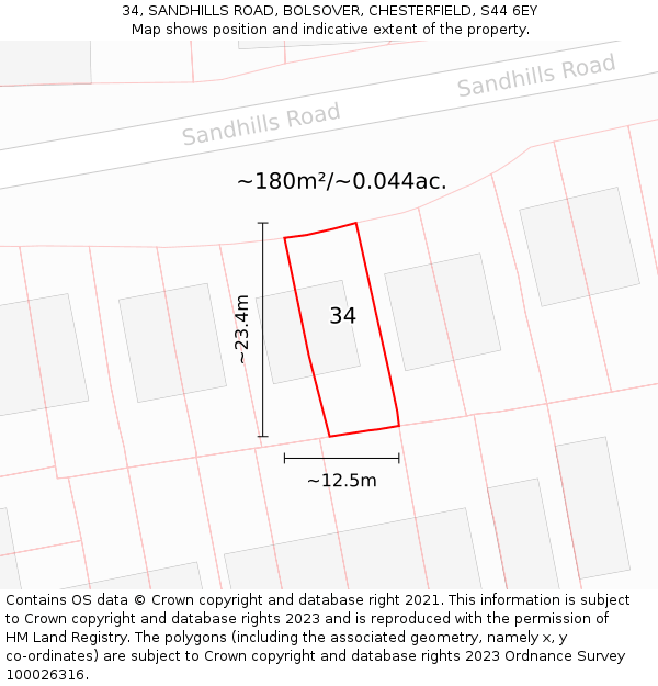 34, SANDHILLS ROAD, BOLSOVER, CHESTERFIELD, S44 6EY: Plot and title map