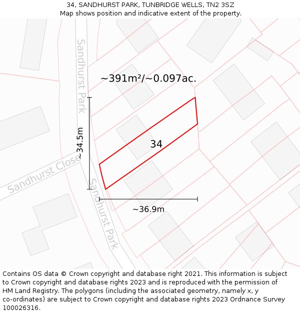 34, SANDHURST PARK, TUNBRIDGE WELLS, TN2 3SZ: Plot and title map