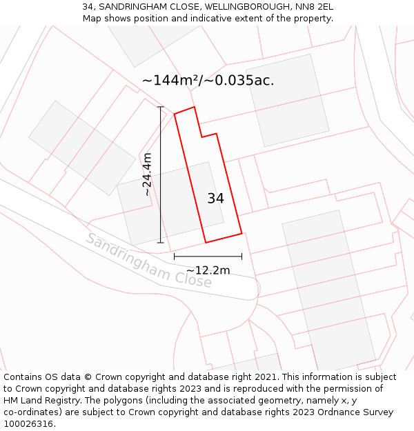 34, SANDRINGHAM CLOSE, WELLINGBOROUGH, NN8 2EL: Plot and title map