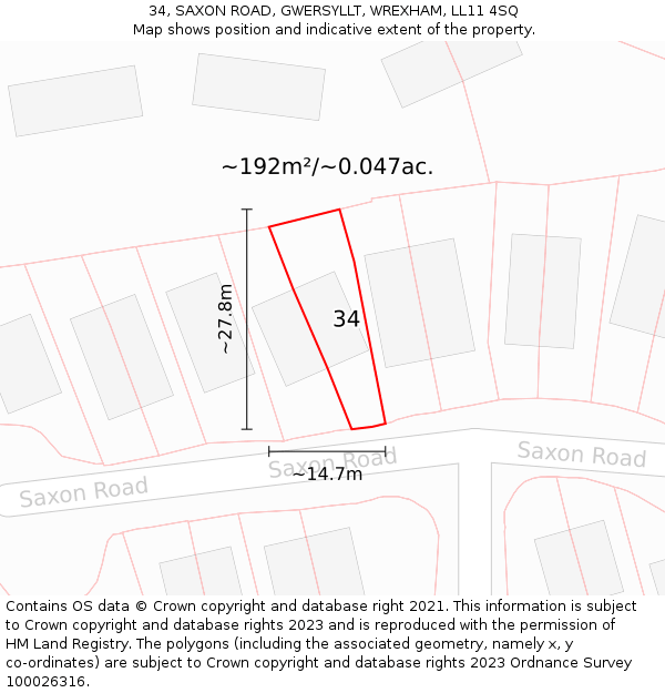 34, SAXON ROAD, GWERSYLLT, WREXHAM, LL11 4SQ: Plot and title map
